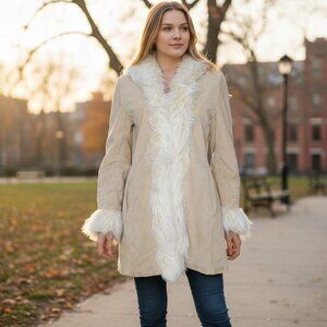 Mixit Leather Penny Lane Coat Women's S Faux Fur Trim Embroidered Boho Y2K Beige